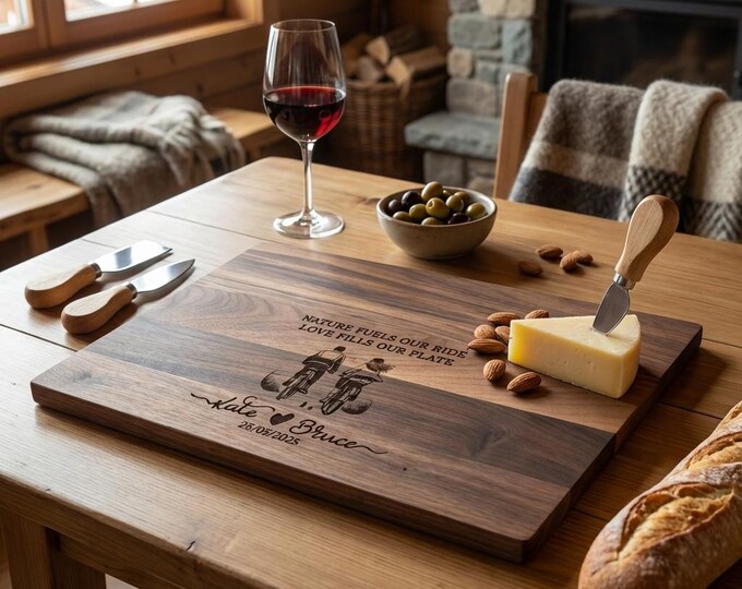 Personalized Cutting Board – Biking Couple: Custom Engraved Charcuterie Board, Adventure Family, Anniversary, Wedding, Bike Enthusiasts Gift