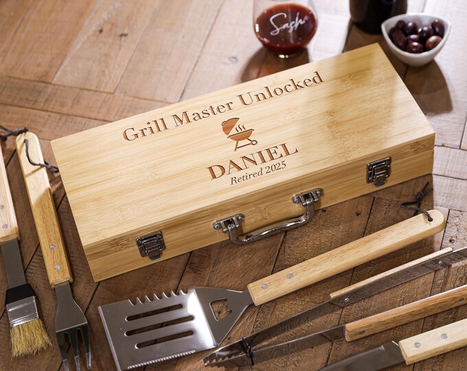 Personalized Engraved BBQ Set – Retirement Grill Master, Custom- Engraved Tool Set in Bamboo Case for BBQ Lovers, Colleague, Retirement Gift