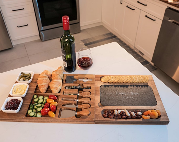 Personalized Acacia Cheese Board Set, Custom Engraved Charcuterie Board: Perfect Hosting Gift, Housewarming, Couples Gift, Engagement Gift