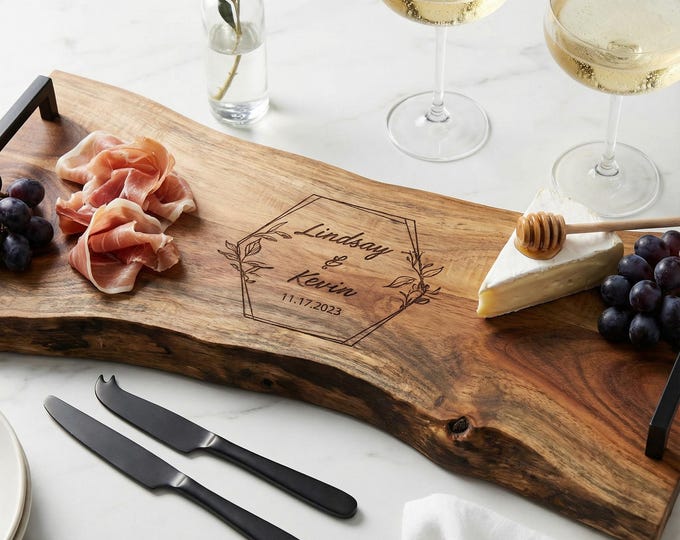 Personalized Live Edge Serving Tray- Custom Engraved Platter - Rustic Wood Monogrammed Tray - Wedding, Housewarming, Engagement, Couple Gift