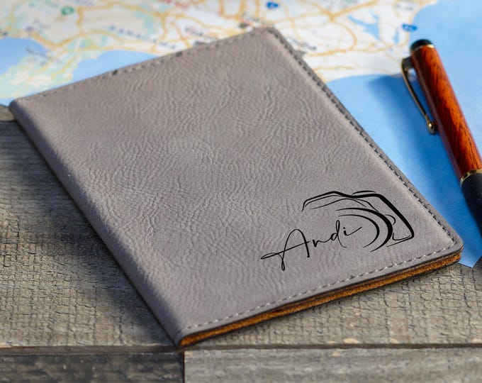 Personalized Passport Cover – Custom Engraved Vegan Leather Passport Holder with Camera & Your Name, Unique Travel Gift for Explorers