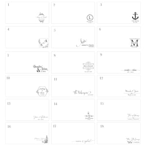 May include: A grid of 18 white squares with black text and images. Each square contains a different design for a personalized cutting board. The designs include names, dates, and images such as anchors, hearts, and wine glasses.