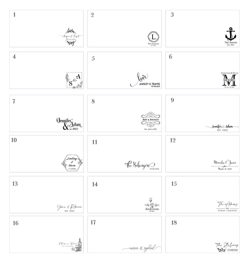 May include: A grid of 18 white squares with black text and images. Each square contains a different design for a personalized cutting board. The designs include names, dates, and images such as anchors, hearts, and wine glasses.