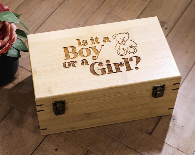 Personalized Gender Reveal Memory Box, Engraved Wooden Trinket Box: Customized Rustic Box For Babies, Newborn Keepsake Gift Girl or Boy Box