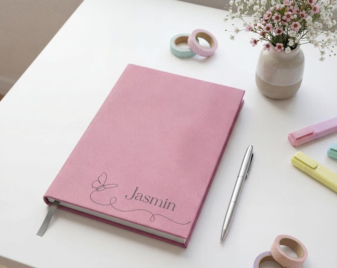 Personalized Journal | Custom Butterfly Notebook & Engraved Pink Leatherette Diary for Her