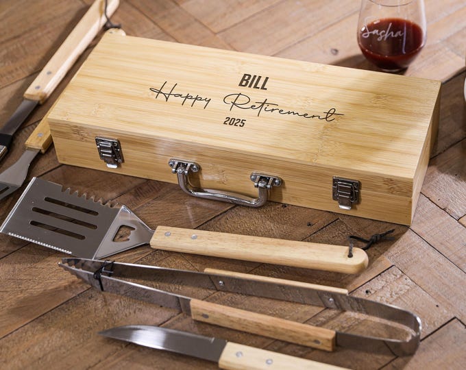 Personalized Engraved BBQ Set – Happy Retirement, Custom Grill Tool Set in Bamboo Case for Retirement, Colleague, BBQ Lovers Gift