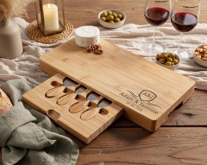 Personalized Monogrammed Charcuterie Board: Engraved Bamboo Cheese Board For the Couples - Housewarming and Wedding Gift