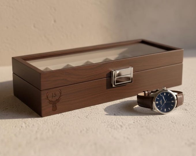Custom Engraved Watch Box - 6-Watch veneered walnut Case for Men, Personalized Watch Storage, Ideal Gift for Him, Christmas Gift