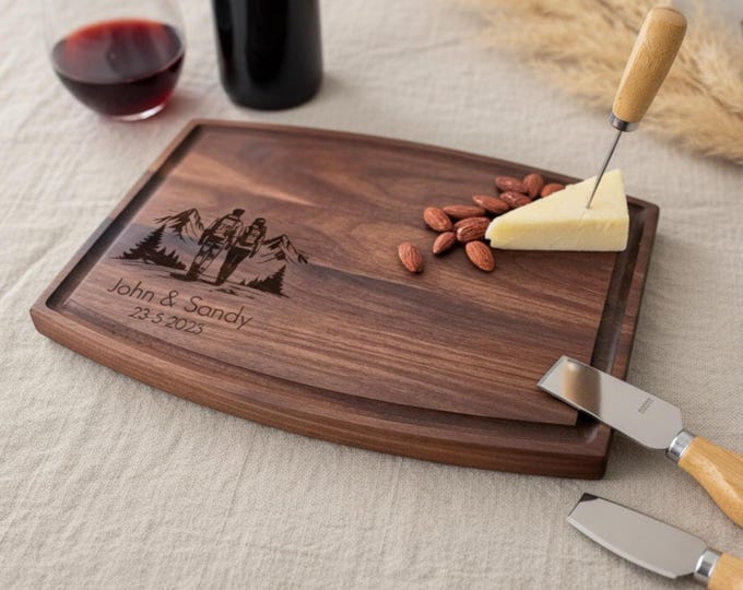 Personalized Cutting Board, Hiking Couple: Custom Engraved Charcuterie Board, Gift For Hikers & Nature Lovers – Housewarming, Hosting Gift