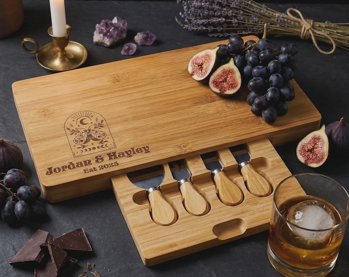 Personalized Celestial Cheese Board Set, Engraved Moth and Moon Phase Design with Knives