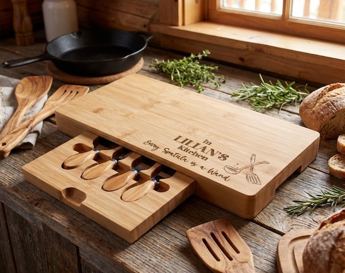 Personalized Magic Kitchen Gift | "Spatula is a Wand" Bamboo Charcuterie Board Set & Funny Gift for Mom