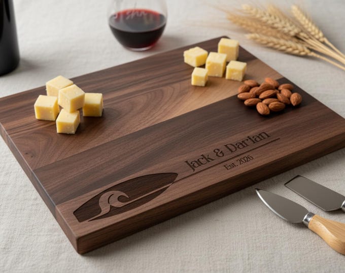 Personalized Charcuterie Board – Surfing Couple: Custom Cutting Board | Beach Wedding, Ocean Decor, Surfboard, Housewarming, Engagement Gift