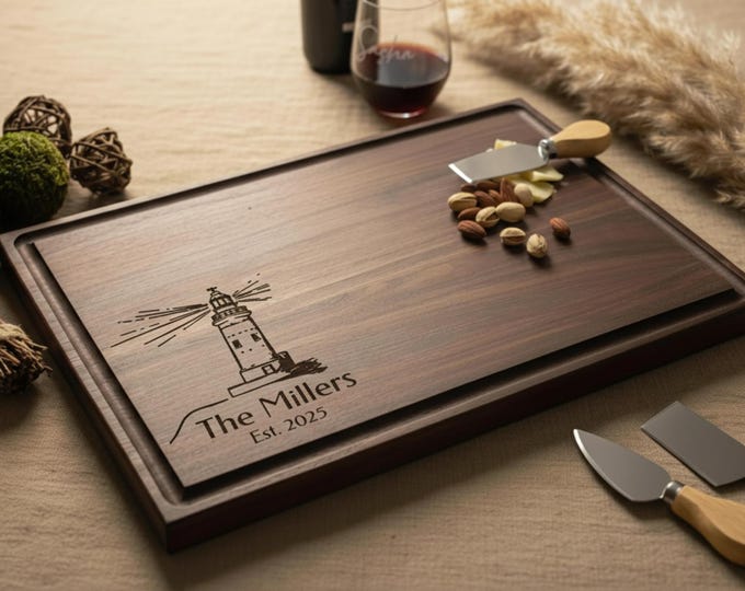 Personalized Charcuterie Board – Lighthouse Couple Gift: Custom Cutting Board | Housewarming, Wedding, Anniversary, Engagement, Beach Gift