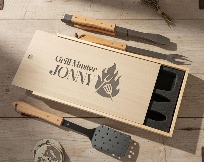 Personalized BBQ Grill Tool Set with Engraved Wooden Case | Custom Grill Master Gift for Him, Father's Day, Groomsmen