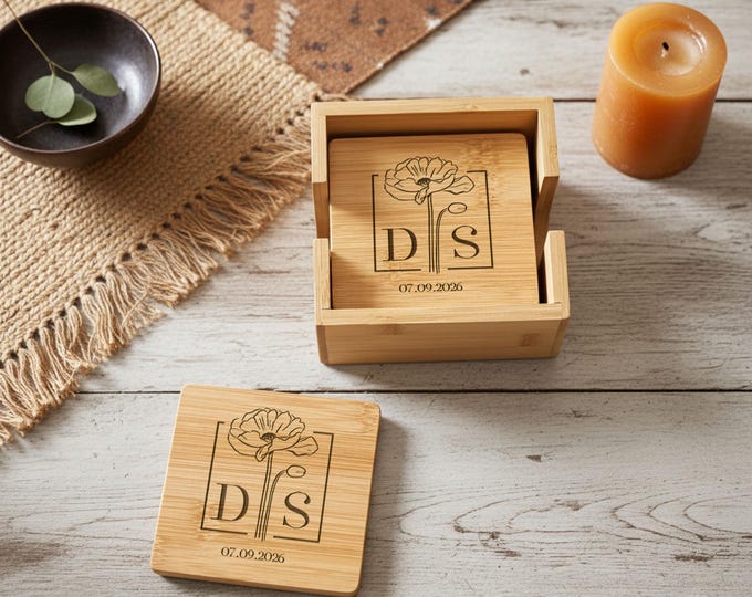 Personalized Bamboo Coasters with Holder - Custom Engraved 5-Piece Set: Monogram Gift for Couples, Housewarming, Wedding, Christmas