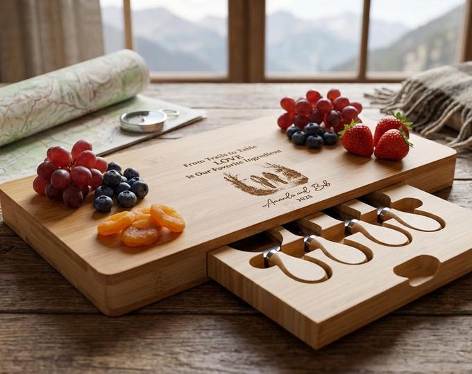 Personalized Hiking Charcuterie Board Set | Custom "Trails to Table" Bamboo Cheese Platter & Adventure Wedding Gift