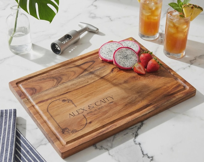 Personalized Cutting Board with Seashells, Custom Engraved Coastal Wedding Gift, Wood Charcuterie Tray