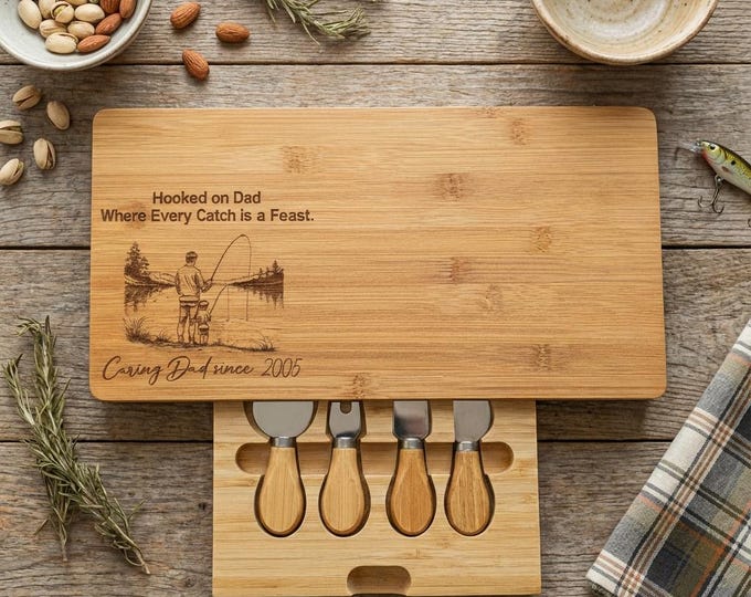 Personalized Fishing Charcuterie Board with Knife Set, Custom Bamboo Cheese Board for Dad