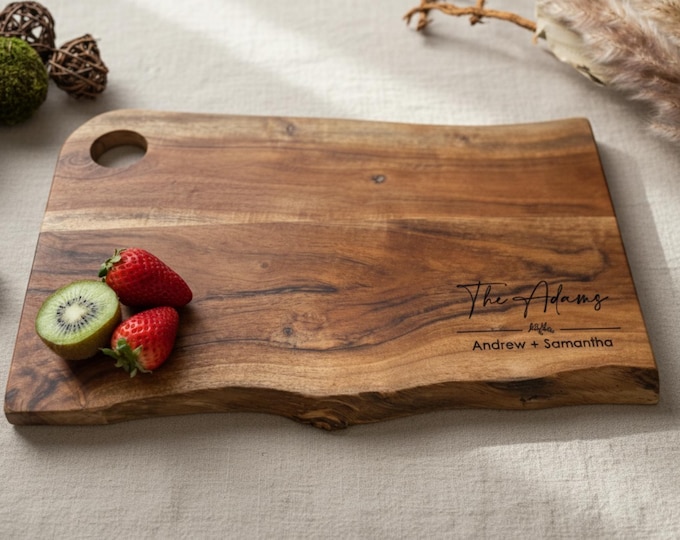 Custom live-edge cutting board, personalized cheese board, Unique cutting board perfect as a wedding, Housewarming, or Christmas Gift