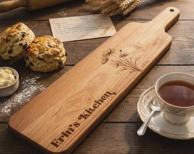 Personalized Wood Cutting Board, Custom Floral Engraved Charcuterie Tray, Gift for Mom