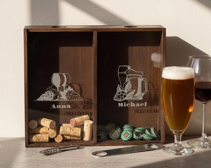 Personalized Beer Cap holder, Wine Cork Holder, Custom Engraved Rustic Wooden Shadow Box, Gift For The Couple, Home Decor, Housewarming Gift