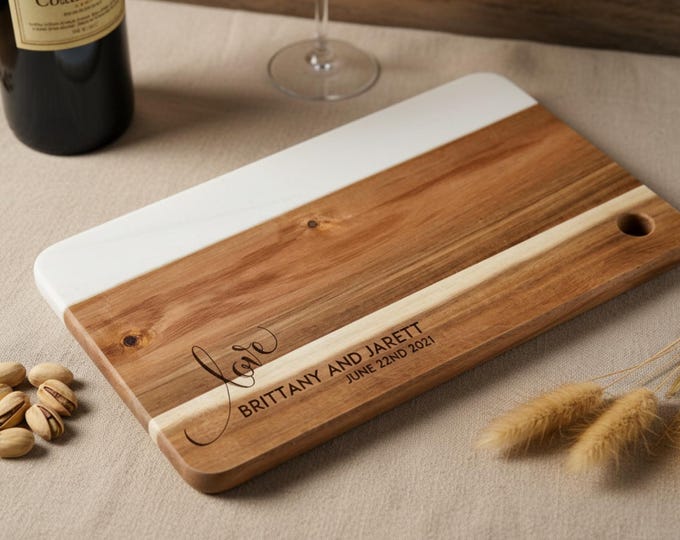 Personalized Wood and Marble Charcuterie Board, Customized Cutting Board: Housewarming, Hosting, Wedding, Engagement, Anniversary Gift