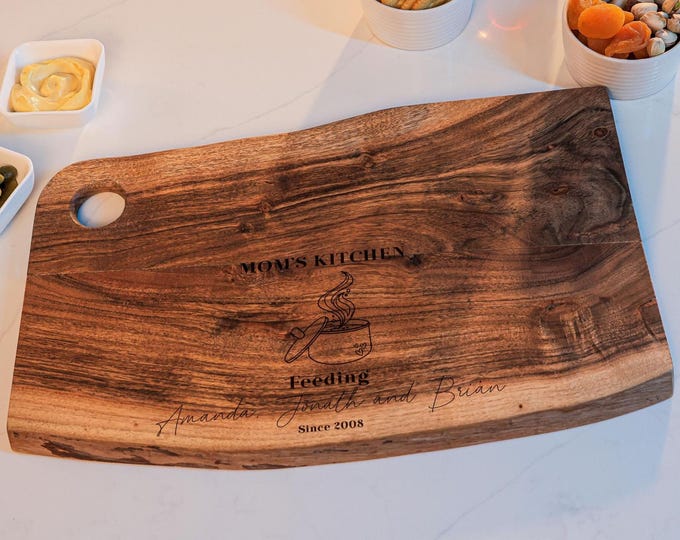 Personalized Live Edge Cutting Board - Mom's Kitchen: Rustic Engraved Charcuterie Board |Mother's Day, Birthday, Cooking, Hosting Decor Gift