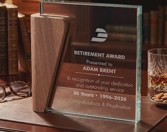 Personalized Retirement Award, Custom Crystal Glass and Wood Employee Appreciation Trophy, 7x6 inch
