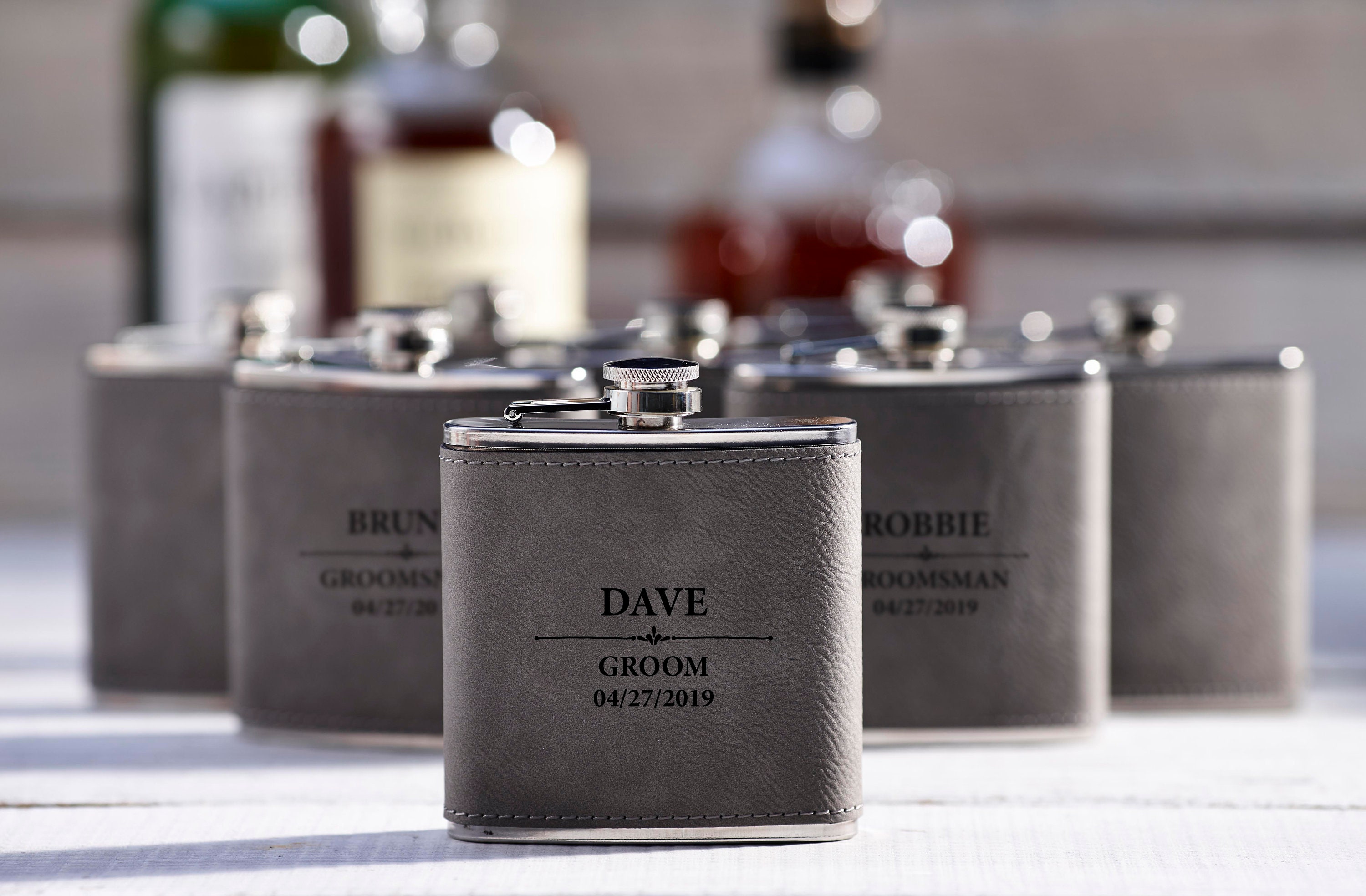 Personalized Set Of 11 Flasks, Groomsmen Wedding Gift, Best Man Leather