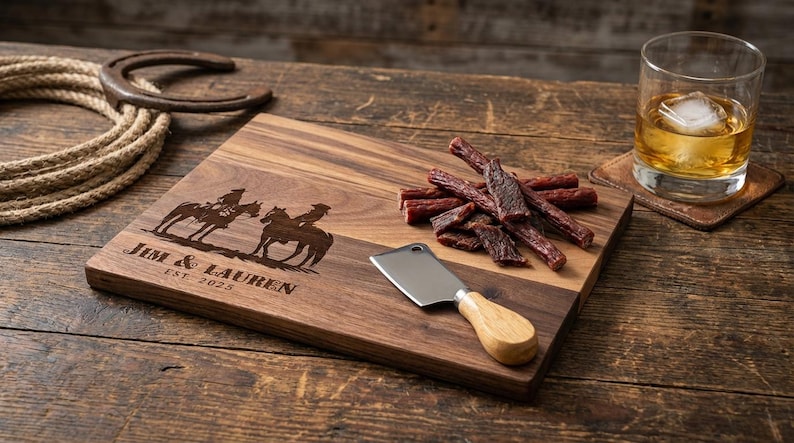 Planche à découper personnalisée - Cowboy et cow-girl avec cheval : charcuterie gravée personnalisée, décoration de cuisine occidentale, cadeau pour elle et lui image 13