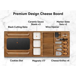 Acacia cheese board showing the ceramic Bowls, wine opener, marker slate and cookies slot