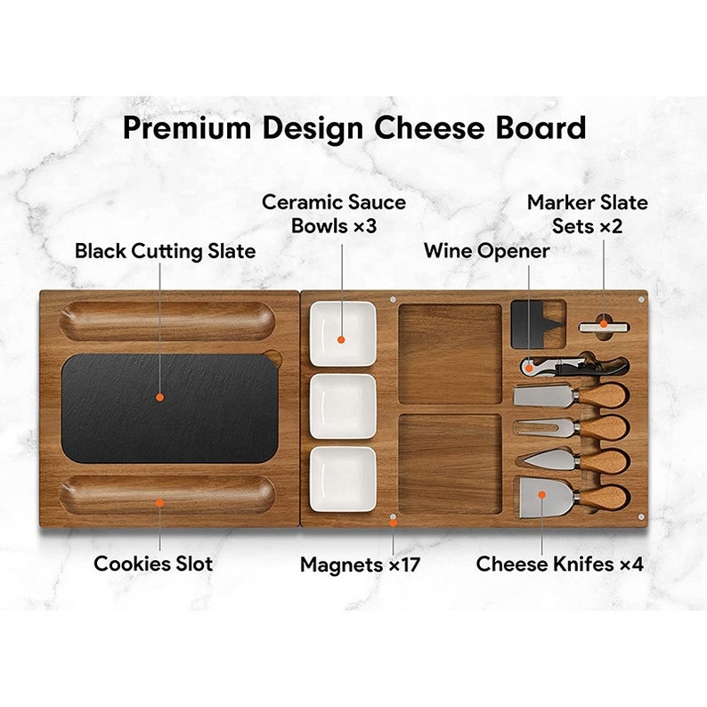 Acacia cheese board showing the ceramic Bowls, wine opener, marker slate and cookies slot