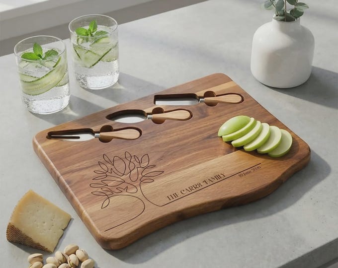 Personalized Acacia Charcuterie Board with Knife Set, Custom Family Tree Engraved Cheese Board