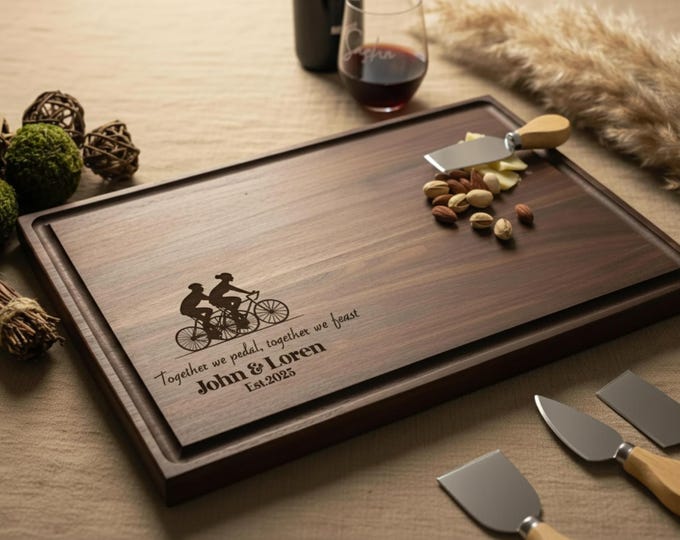 Personalized Biking Couple Cutting Board: Engraved Charcuterie Board