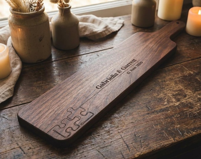 Personalized Bread Board with Handle | Custom Puzzle Piece Charcuterie Paddle & Romantic Wedding Gift