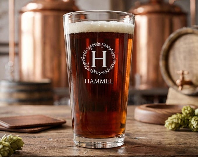 Personalized Beer Glass | Custom Monogram Pint with Family Name & Engraved Groomsmen Gift