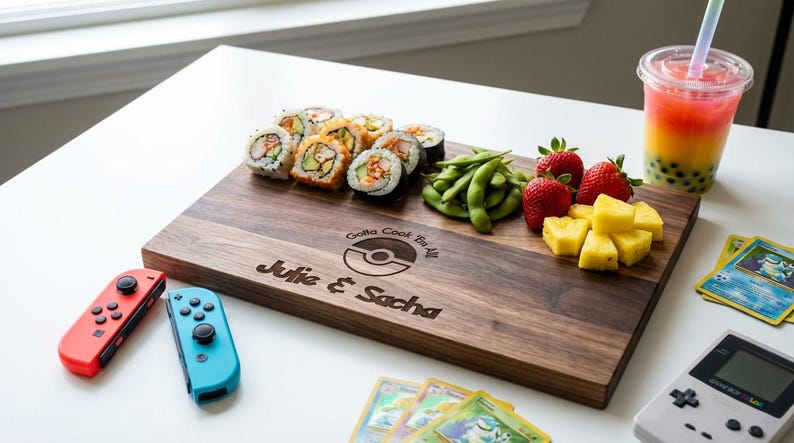 Personalized cutting board – Pokémon: Custom Engraved "Gotta Cook 'Em All!" in Pokémon Font with Couple Names & Date, Unique Gamer Gift zdjęcie 10
