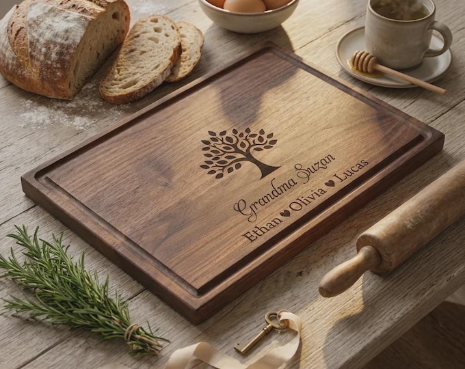 Personalized Family Tree Walnut Cutting Board, Custom Engraved Gift for Grandma