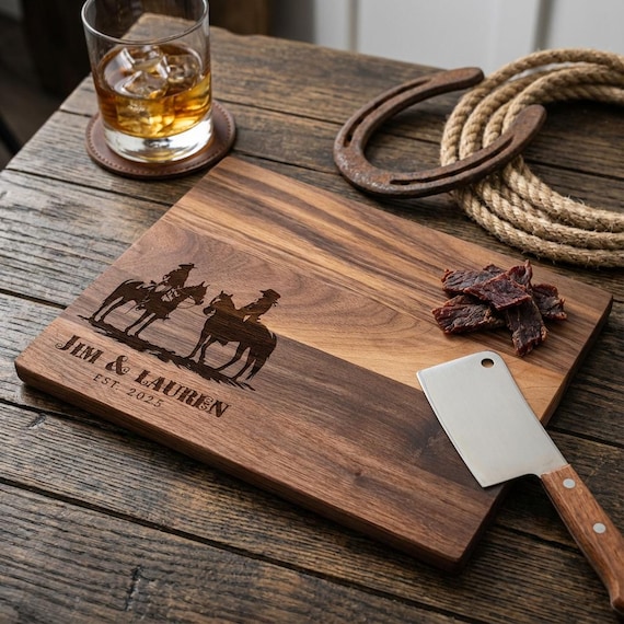 Personalized Cutting Board – Cowboy & Cowgirl with Horse: Custom Engraved Charcuterie Western Kitchen Decor, Gift for Him and Her