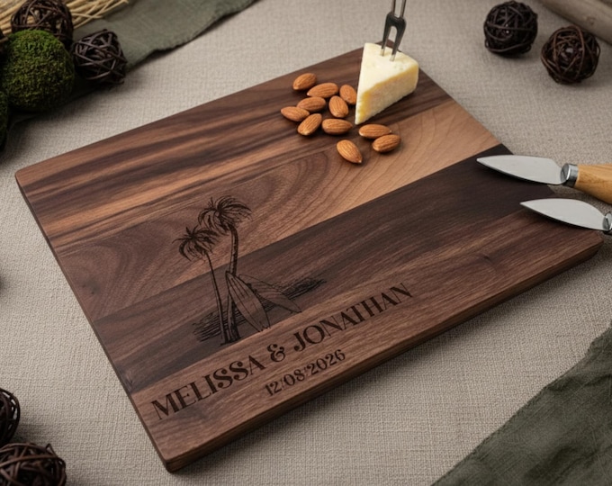 Personalized Cutting Board, Surfing Board Themed: Customized Cutting Board, Beach Decor, Palm Trees, Wedding, Surfer Couple Gift