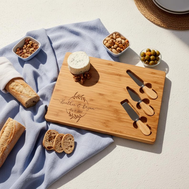 Personalized Bamboo Cheese Board Set, Custom Engraved Charcuterie Platter, Wedding gift image 11