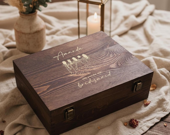 Personalized Bridesmaid Proposal Memory Box – Engraved Rustic Wooden Keepsake Gift