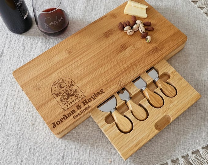 Personalized Boho Charcuterie Board, Custom Engraved Cheese Board with Knives tools, Moon Phases Themed, Gift for the Couple, Wedding Gift