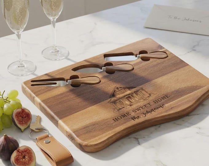 Personalized Acacia Charcuterie Board with Knife Set, Custom Engraved Realtor Closing Gift, Home Sweet Home
