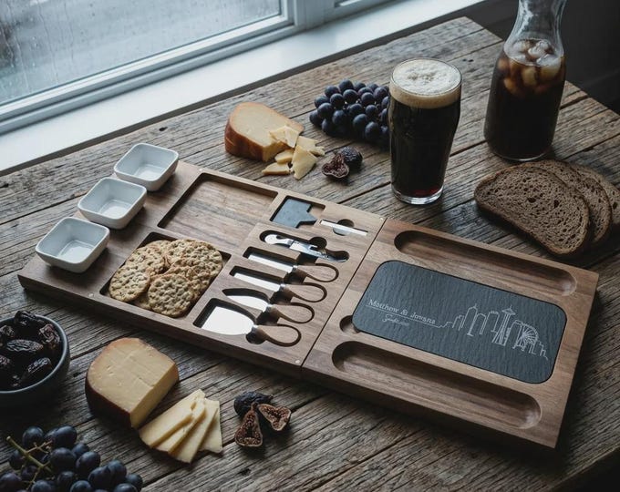 Personalized City Skyline Charcuterie Board Set, Custom Engraved Wood and Slate Cheese Platter with Tools
