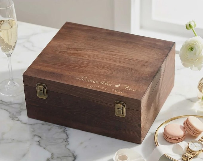 Personalized Wood Wedding Gift Box, Custom Engraved Keepsake Box for Couples