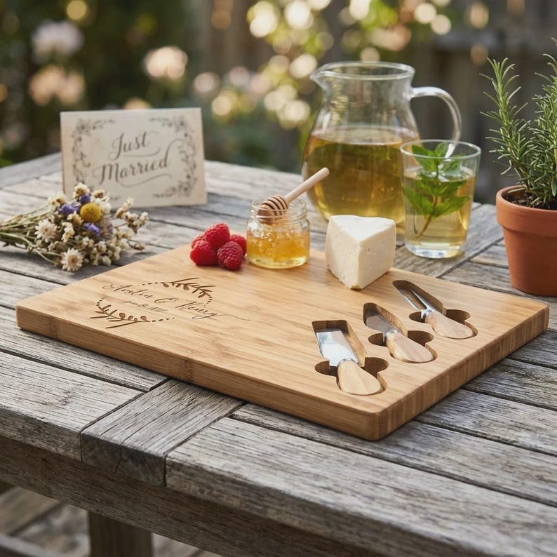 Personalized Bamboo Cheese Board Set, Custom Engraved Charcuterie Platter, Wedding gift image 5