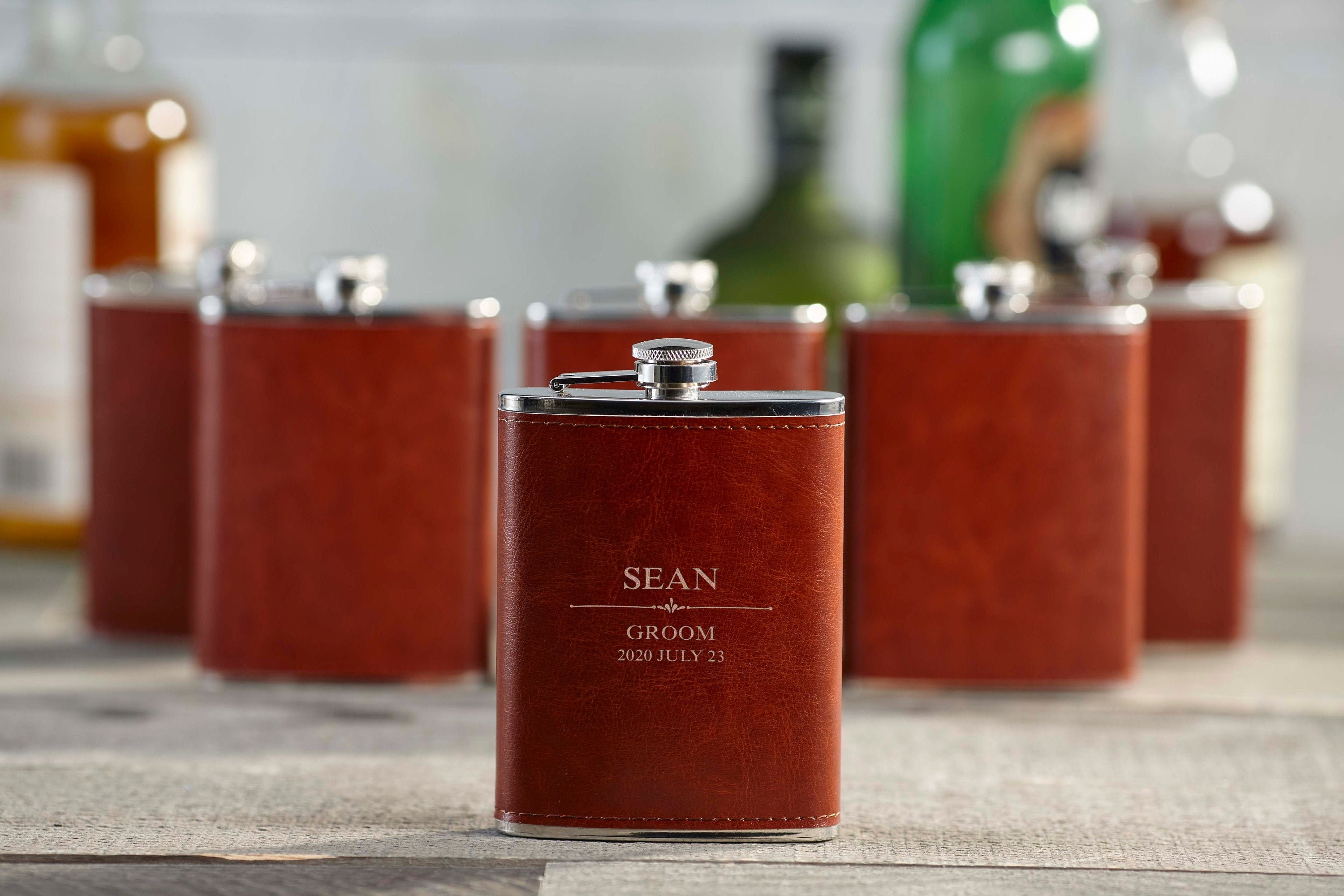 Personalized Set Of 7 Flasks, Groomsmen Wedding Gift, Best Man Leather