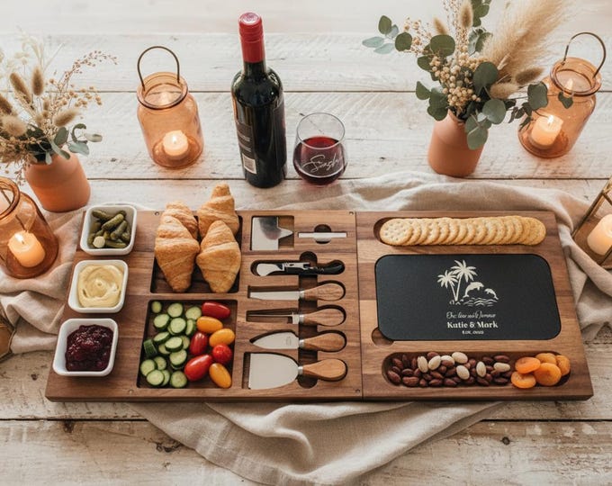Personalized Charcuterie Set - Custom Engraved Cutting Board: Ocean themed, Nautical, Coastal Kitchen, Beach, Palm Trees, Dolphins Gift