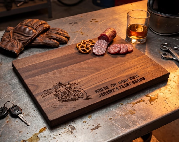 Motorcycle Gift for Men | Personalized Cutting Board & "Where Road Ends" Biker Meat Board